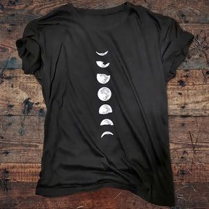 MOON PHASES T-Shirt Womens Black Boho Yoga Meditation Graphic Tee Shirt NEW